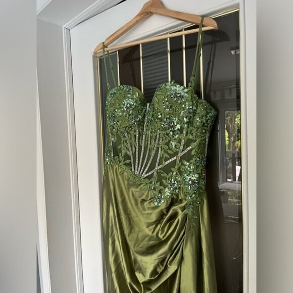 Olive Green Prom Evening Gown Beaded Corset Satin Dress Side Slit - Picture 5 of 9